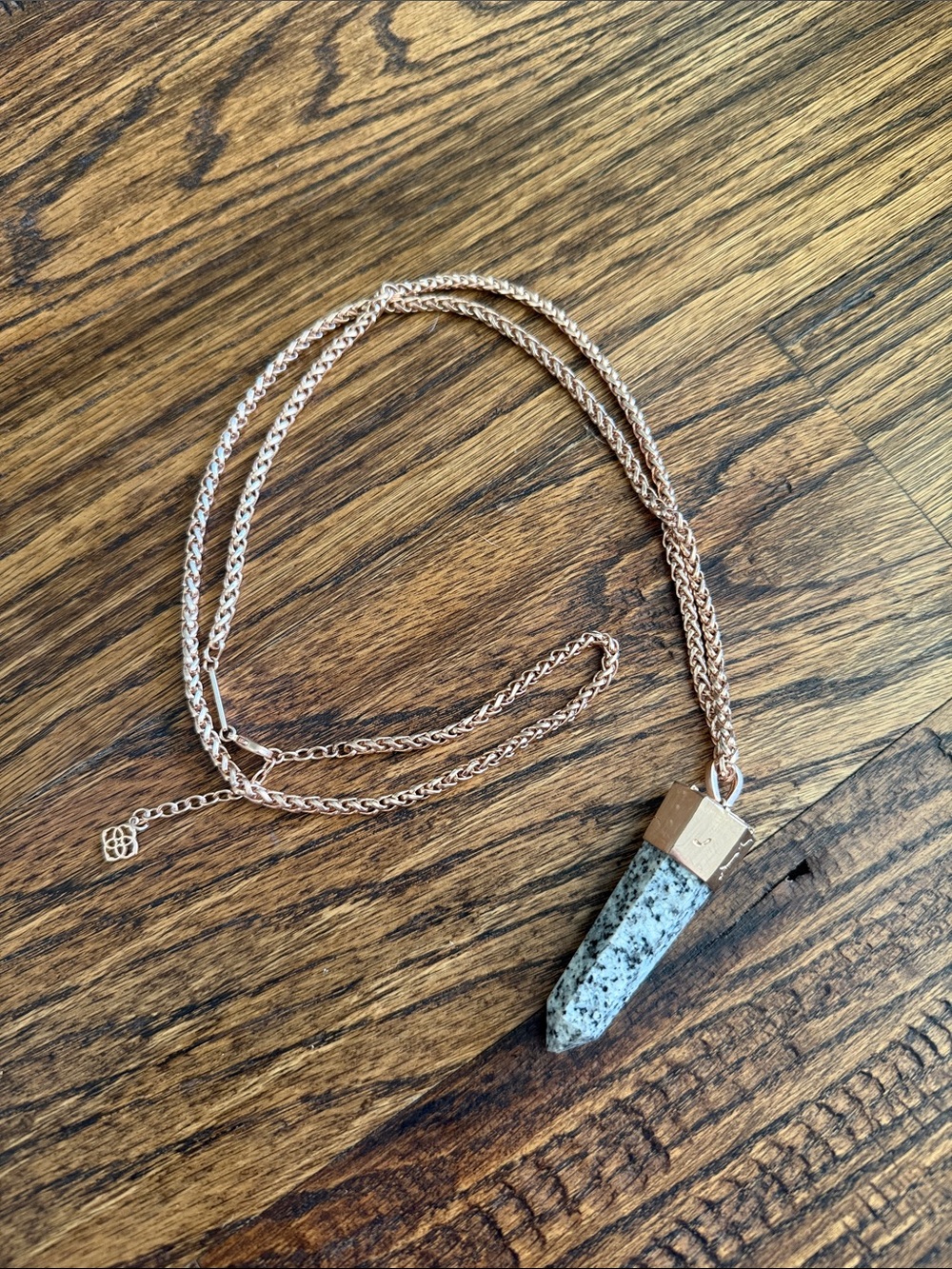 Kendra Scott Rose Gold Necklace with Speckled Green-Gray Pendant